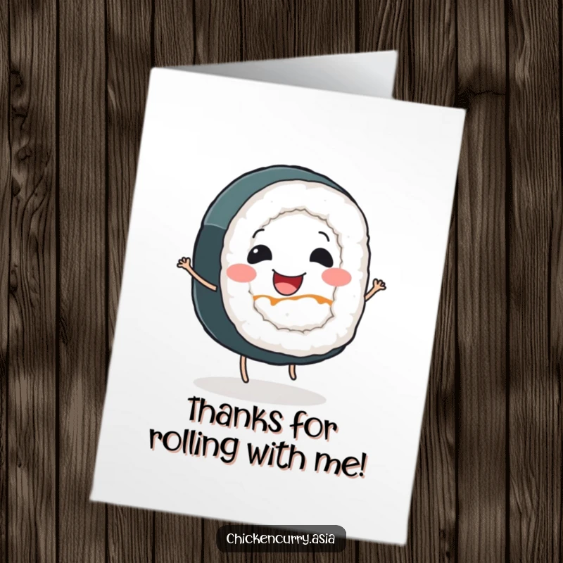 Funny free printable thank you card with a smiling sushi roll with tiny legs doing a happy dance of gratitude.