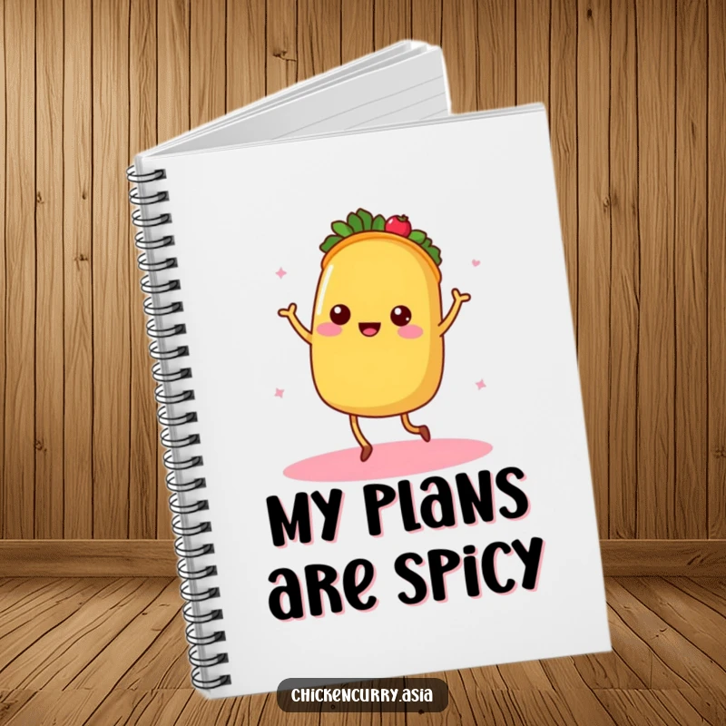 Funny taco notebook, a dancing character with tiny legs radiating warmth, for notes and doodles.