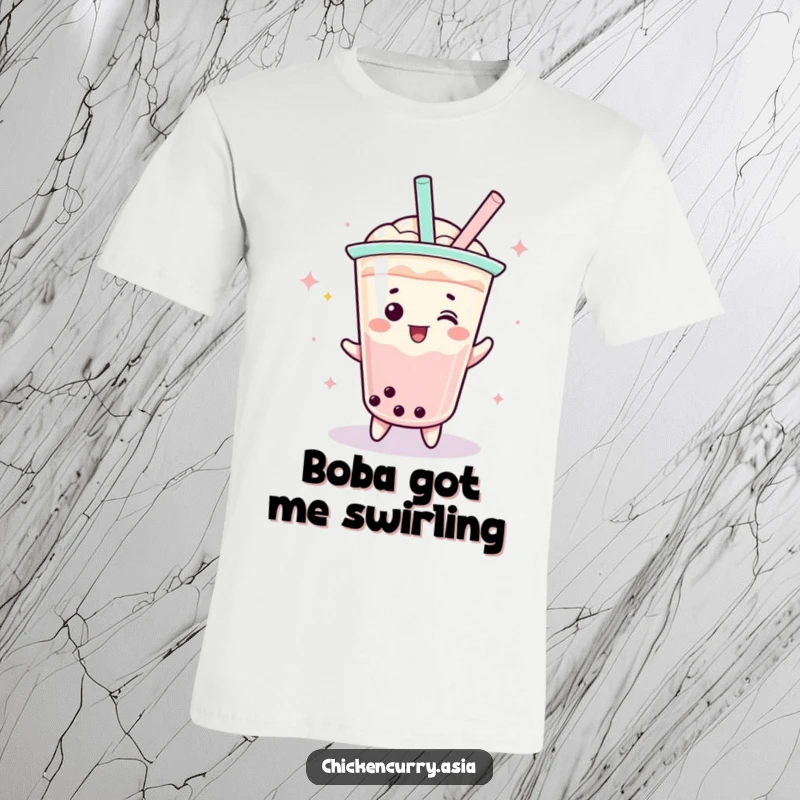 Funny boba tea spin t-shirt, a playful character with a straw doing a celebratory spin, full of energy.