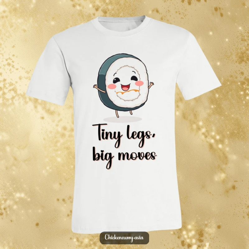 Funny dancing sushi roll t-shirt, a smiling character with tiny legs doing a cheerful dance, celebrating food.