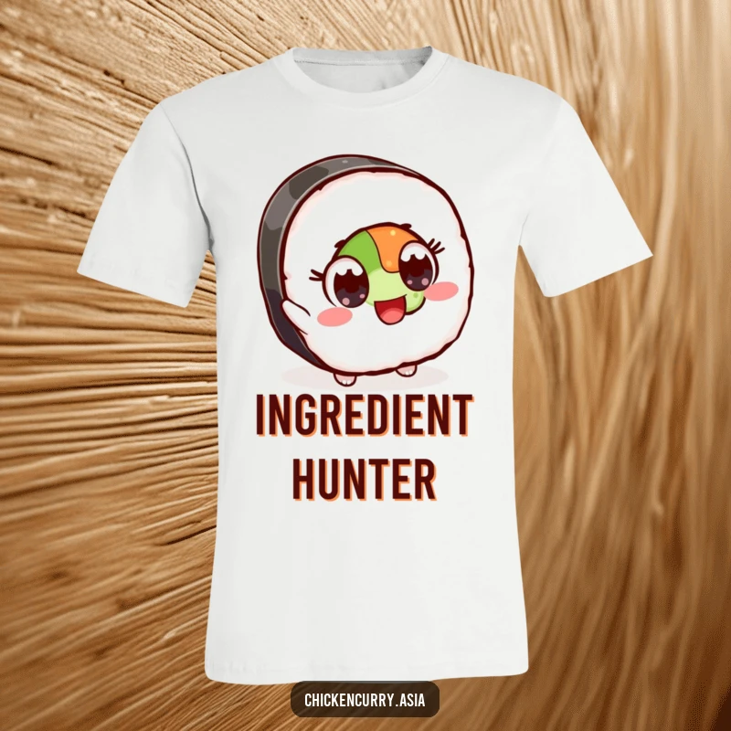 Funny t-shirt showing a stylized sushi character with wide, excited eyes, eagerly reaching out for a delicious ingredient.