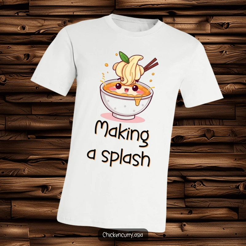 Funny ramen splash t-shirt, a character with a fun expression energetically splashing broth, celebrating noodles.