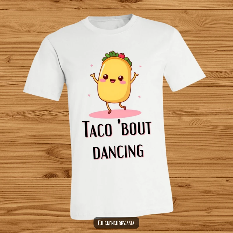 Funny dancing taco t-shirt, a character with tiny legs radiating warmth, enjoying a joyful dance.