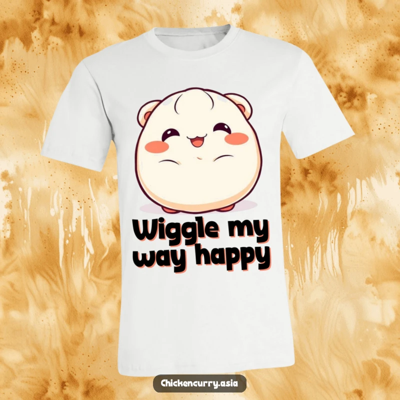 Funny wiggling dumpling t-shirt, a cheerful character with happy eyes, spreading joy and fun.