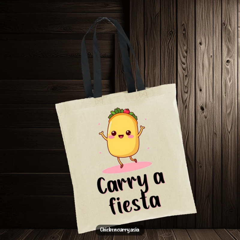 Funny dancing taco tote bag, a character with tiny legs radiating warmth, great for shopping.