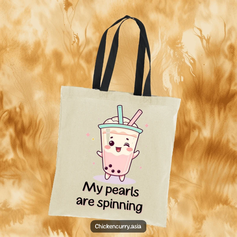 Funny boba tea spin tote bag, a playful character with a straw doing a celebratory spin, great for shopping.