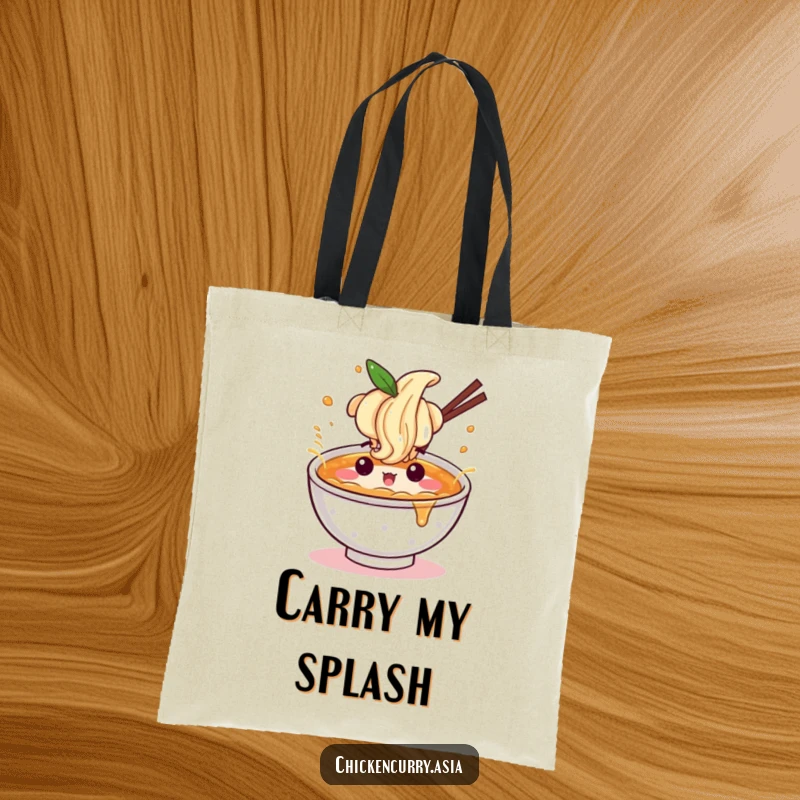 Funny ramen splash tote bag, a character with a fun expression splashing broth, great for shopping.