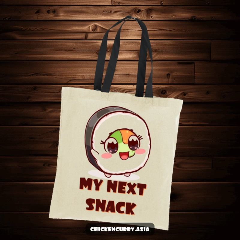 Funny tote bag depicting a stylized sushi character with wide, excited eyes reaching for an ingredient, ideal for shoppers.